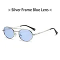 Retro oval metal sunglasses with silver frames and light blue transparent lenses - Silver Frame Blue Lens
