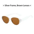 Modern cat-eye sunglasses with silver metal frame, brown lenses, and white temples - Silver Frame Brown Lens