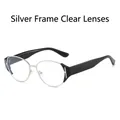 Retro cat-eye sunglasses with silver metal frame and black temples with clear lenses - Silver Frame Clear Lenses