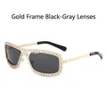Luxury oval sunglasses with gold frame, white rhinestones and dark grey lenses - Gold Frame Black Grey