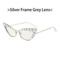 Silver cat eye metal sunglasses with grey lenses and white pearl embellishments - Silver Frame Grey Lens