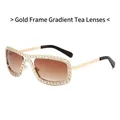 Luxury oval sunglasses with gold frames, gradient brown lenses, and double crystal studs - Gold Frame Gradient Tea Lens