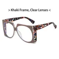 Fashionable khaki square sunglasses featuring unique multi-color camouflage temples - Khaki Frame Clear Lens