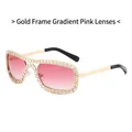Oval oversized sunglasses with gold metal frame, gradient pink lenses and rhinestone trim - Gold Frame Gradient Pink Lens