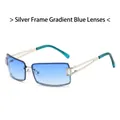 Y2K randloze rechthoekige zonnebril met zilveren metalen montuur en blauwe verloopglazen - Zilveren Frame Gradiënt Blauw Glas