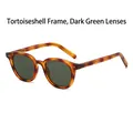 Retro round tortoiseshell sunglasses with dark green lenses and silver rivet accents - Tortoise Frame Dark Green Lens