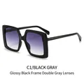 Fashionable oversized square sunglasses with bright black frames and gradient gray lenses - Glossy Black Frame Gradient Grey Lens