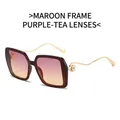 Lunettes de soleil carrées bordeaux pour femmes avec verres dégradés et détail de perle - Monture Rouge Jujube Verres Thé Pourpre