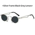 Retro steampunk round sunglasses with silver metal frame and dark grey lenses - Silver Frame Black Grey Lens