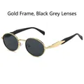 Oval gold metal sunglasses with dark grey lenses and minimalist vintage design - Gold Frame Black Grey
