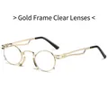Retro round gold metal frame sunglasses with clear lenses and geometric hollow temples - Gold Frame White Lens