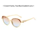 Chic oval sunglasses with beige frame, tea-blue gradient lenses and gold chain temples - Beige Frame Tea Blue Lens