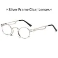 Retro round silver metal sunglasses with clear lenses and geometric temples - Silver Frame Clear Lenses