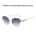 Oval sunglasses with white frame, gradient grey lenses and golden hollow woven accents - White Frame Gradient Grey Lens