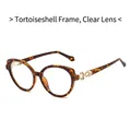 Trendy tortoiseshell cat-eye glasses frame with gold metal hollow temple detail - Demi Frame Clear Lens