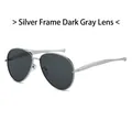 Classic silver metal frame aviator sunglasses with dark grey lenses in 45-degree view - Silver Frame Black Grey Lens