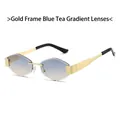 Rimless geometric sunglasses featuring gold frame and blue-to-tea gradient lenses - Gold Frame Blue Tea Lens