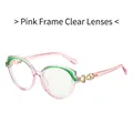 Trendy pink oval sunglasses for women with green trim and gold infinity temple detail - Pink Frame Clear Lens