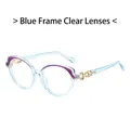 Retro round glasses with transparent blue frames and decorative golden twisted temples - Blue Frame Clear Lens