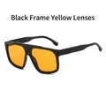 Lunettes de soleil rétro carrées avec monture noire brillante et verres teintés jaunes - Monture Noire Verres Jaunes