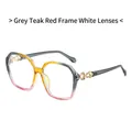 Square oversized sunglasses with grey yellow pink gradient frame and golden temple detail - Grey Tea Frame Clear Lenses
