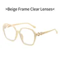 Beige oversized polygonal frame glasses with gold metal twist detail on temples - Beige + White