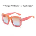 Square fashion sunglasses with orange pink marble frames and tea blue gradient lenses - Orange Pink Frame Brown Blue Lens