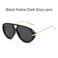 Big frame aviator sunglasses with black frame, grey lenses and gold metal temples - Black Frame Black Grey Lens