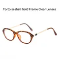 Retro tortoise shell cat-eye glasses frame with golden metal temples and clear lenses - Demi Frame Clear Lens