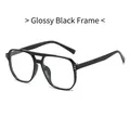 Classic bright black square frame aviator glasses with double bridge and rivet details - Glossy Black Frame