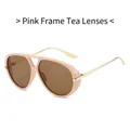 Pilot sunglasses with pink oversized frame, tea lenses and golden metal temples - Pink Frame Tea Lens