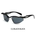 Futuristic black frame wrap-around sunglasses with irregular grey lenses and Y2K sporty style - Black Frame Black Grey Lens (C1)