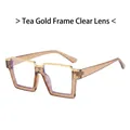 Square tea-colored and gold half-frame glasses with clear anti-blue light lenses - Tea Frame Clear Lens