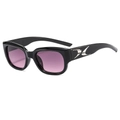 Futuristic square black sunglasses with purple lenses and silver metal side accents - Shiny Black Frame Gray Red Lens