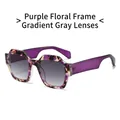 Lunettes de soleil polygonales pour femmes, monture florale violette et verres dégradés gris - Monture Fleurs Violettes Verres Dégradés Gris