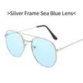 Silver frame aviator sunglasses with sea blue translucent lenses and metal double bridge - Silver Frame Sea Blue Lens