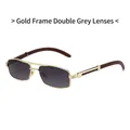 Lunettes de soleil rectangulaires rétro, monture dorée et branches aspect bois - Monture Dorée Verres Gris Dégradés