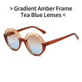 Retro round sunglasses with gradient brown frame and blue-brown lenses for women - Gradient Brown Frame / Brown Blue Lenses