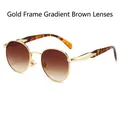 Retro oval sunglasses with gold metal frame and gradient brown lenses with tortoiseshell tips - Gold Frame Gradient Tea Lens