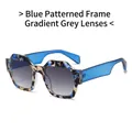 Lunettes de soleil à monture fleurie bleue avec verres gris dégradés et design carré - Monture Fleurs Bleues Verres Dégradés Gris
