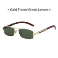Rectangle gold metal sunglasses with dark green lenses and dark brown wood grain temples - Gold Frame Dark Green Lens