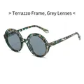 Floral print round frame sunglasses with grey lenses for a retro fashion look - Flower Frame Grey Lens