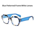 Lunettes octogonales tendance avec monture à fleurs bleues et verres clairs - Monture Grain de Pierre Bleue Lentille Blanche