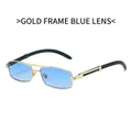 Rectangular metal sunglasses with gold frames and translucent blue lenses for women - Gold Frame Blue Lenses