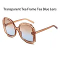 Trendy large frame sunglasses with translucent tea frame and tea-blue gradient lenses - Translucent Tea Frame Tea-Blue Lens