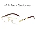 Gold metal rectangular sunglasses with wood grain temples and clear lenses - Gold Frame Clear White Lens