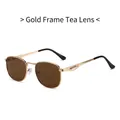 Retro metal square sunglasses with gold frame and brown lenses featuring spring hinges - Gold Frame Tea Lens