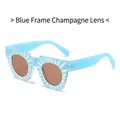 Blue square frame sunglasses with champagne lenses and white sunburst patterns - Blue Frame Champagne Lens