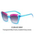 Occhiali da sole retro cat eye con montatura blu trasparente e dettagli rosa C3 - Montatura Blu Trasparente Lenti Grigie