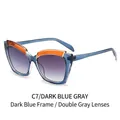 Retro cat-eye sunglasses with dark blue frames and orange accents with gray lenses - Deep Blue Frame Double Grey Lens